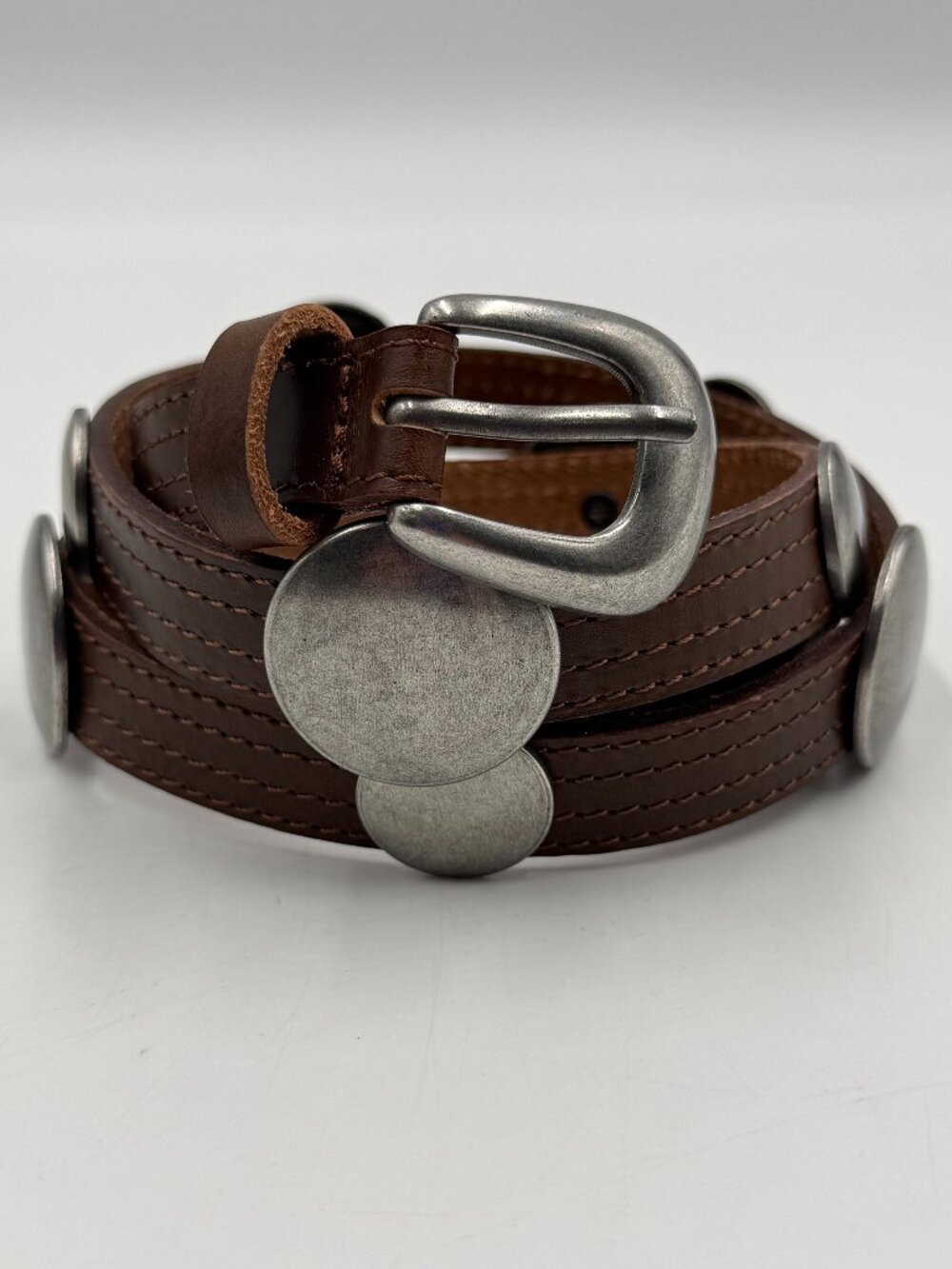 Leather Belt with Silver Tone Round Studded Detail Brown Size M (34-36) No Tag